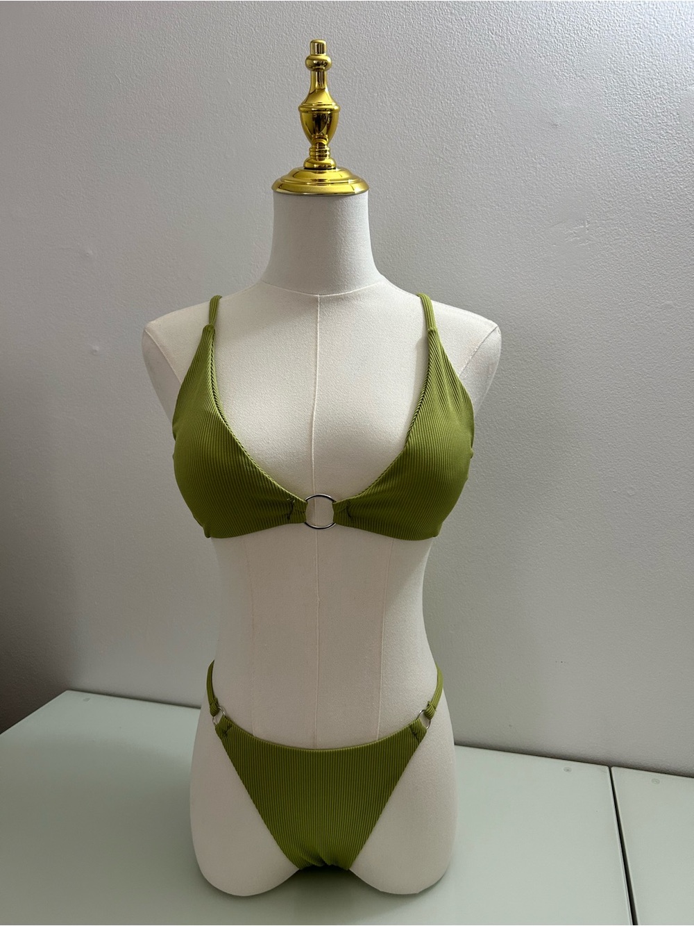 Olive Ribbed Ring-Front Bikini Set - Women Swim
